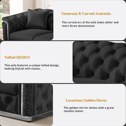 84.6" Luxury Chesterfield Sofa Velvet Tufted Sofa Black and Silver Couch - Image 4