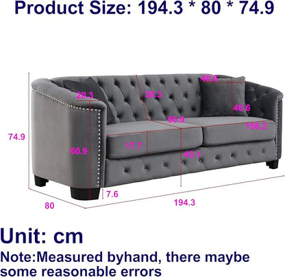 2 Piece Modern Chesterfield Velvet 77" 3-Seater Sofa Set, Upholstered Tufted - Image 2