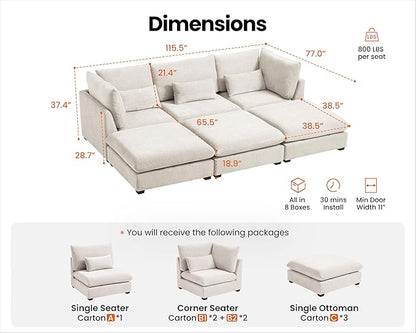 115" Oversized Chenille Couch Modular Sectional Sofa, Washable Cloud Couch - Image 2