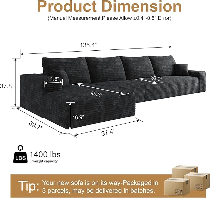 136" Sectional Couches for Living Room Cloud Couch Sofa - Image 2