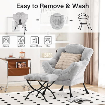 Lazy Chair with Ottoman, Large Light Grey Accent Chair with Ottoman and FA - Image 4
