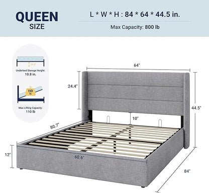 Allewie Queen Size Lift Up Storage Bed, Modern Wingback Headboard, Hydraulic - Image 2