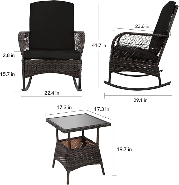 LEVELEVE 3 pcs Rocking Bistro Set Conversation Chairs PE Wicker Outdoor Rocking - Image 5