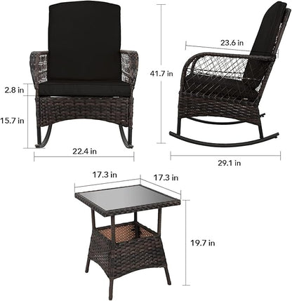 LEVELEVE 3 pcs Rocking Bistro Set Conversation Chairs PE Wicker Outdoor Rocking - Image 5
