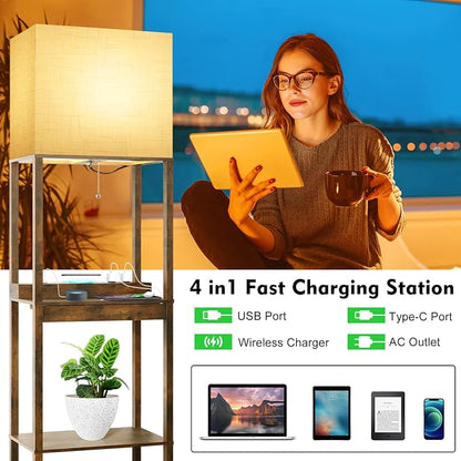 RUNTOP Floor Lamp with Shelves, Plus Shelf Lamp with Wireless Charger, 2 USB - Image 2