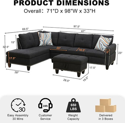 Wakefit Sectional Sofa Couch, Modern 4-Seaters Living Room Furniture Sets - Image 2