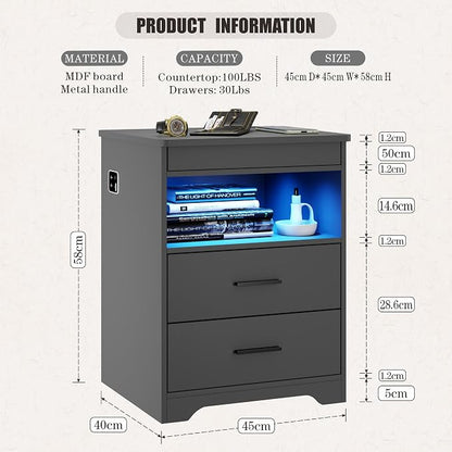 LED Night Stand with Gun Drawer, Bedside Table with Charger Station & Human - Image 2
