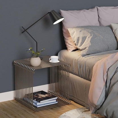 Square Geometry Retro Side Table Prime-Stainless Steel Linear Metal End Table - Image 4
