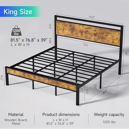 King Metal Bed Frame with Wooden Headboard and Footboard, Heavy Duty Platform - Image 2