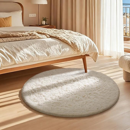 Ophanie Round Rug 2Ft Ivory Circle Area Rug, Fluffy Fuzzy Bedroom Carpet - Image 5