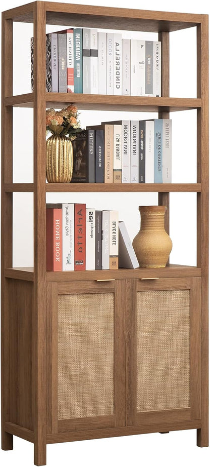 SICOTAS Bookshelf 5 Tier Book Shelf Rattan Boho 71" Tall Bookcase by SICOTAS