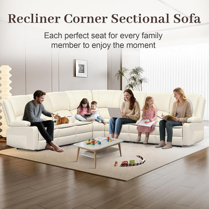 Yolsali Manual Reclining Sectional Sofa Set, 7 Seats Soft Leather Recliner - Image 3