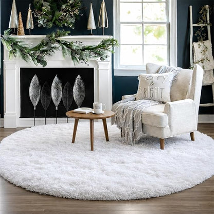 Amdrebio White Fluffy Round Rug 4Ft - Image 8