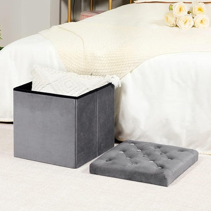 B FSOBEIIALEO Storage Ottoman Cube, Velvet Tufted Folding Ottomans - Image 2