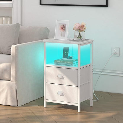 sthmec Nightstand with Charging Station, LED Night Stand with 2 Fabric Drawers - Image 2