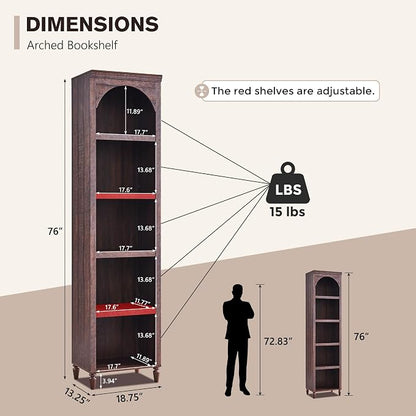 IFGET 76" Tall Arched Bookcase, Farmhouse 5 Tiers Narrow Arched Bookshelf - Image 2
