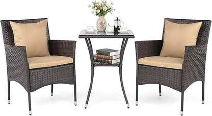 Tangkula 3 Pieces Patio Wicker Bistro Set, 2 Rattan Chairs w/ 2-Tier Tempered by TANGKULA