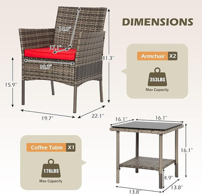 FDW 3 Piece Outdoor Furniture Set Patio Gray Wicker Chairs Furniture Bistro - Image 3