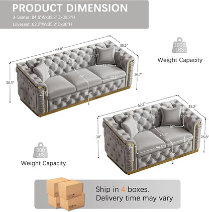 2 Piece Velvet Chesterfield Sofa Luxury Tufted Sofa Black and Gold Couch Set - Image 2