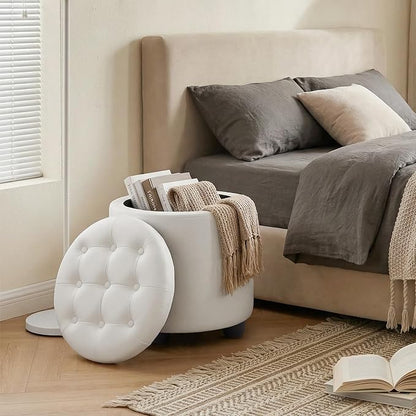 Furniliving Upholstered Button Tufted Round Ottoman, PU Storage Ottoman Round - Image 10