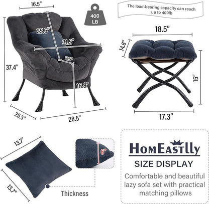Lazy Chair with Ottoman, Large Blue Gray Accent Chair with Ottoman and FA Throw - Image 3
