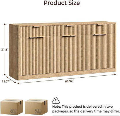 Evermagin 67" Fluted Oak Sideboard Buffet Cabinet - Image 2