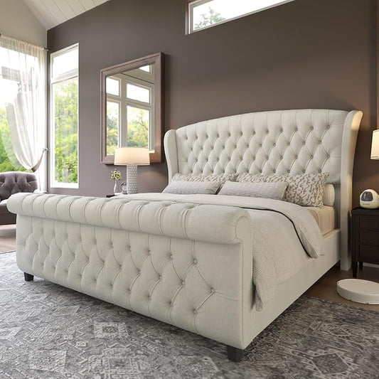AMERLIFE Queen Size Platform Bed Frame, Chenille Upholstered Sleigh Bed by AMERLIFE