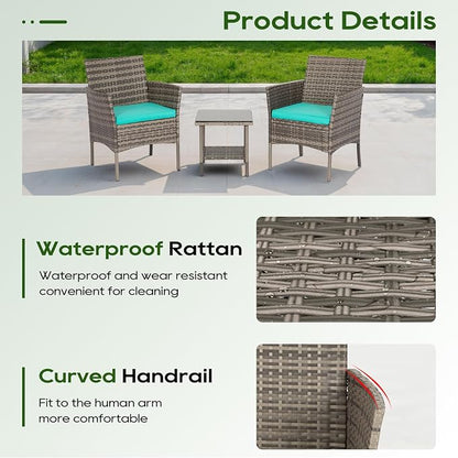 FDW | 3-Piece Patio Furniture Set | Gray & Blue | Outdoor Wicker Furniture - Image 3
