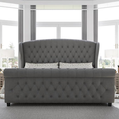 AMERLIFE Queen Size Platform Bed Frame, Velvet Upholstered Sleigh Bed - Image 3