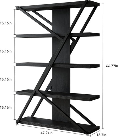FUSUNBAO Industrial Bookshelf, Vintage 5-Tier Tall Bookcase - Image 2