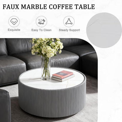 29.52" Round Marble Coffee Table, Modern Fluted Coffee Table w/White Sintered - Image 5