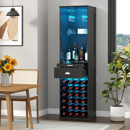 Loomie Wine Bar Cabinet with LED Lights, Freestanding Liquor Cabinet with Tray - Image 3