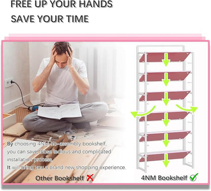 4NM No Assembly 6 Tiers Folding Bookshelf Storage Shelves Vintage Bookcase - Image 7