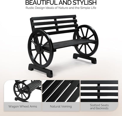 VINGLI Rustic Wooden Wheel Bench Outdoor Bench, Patio Bench Wagon Slatted Seat - Image 5