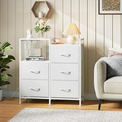 Somdot White Nightstand with Charging Station and LED Light, Wide 5 Drawers - Image 2