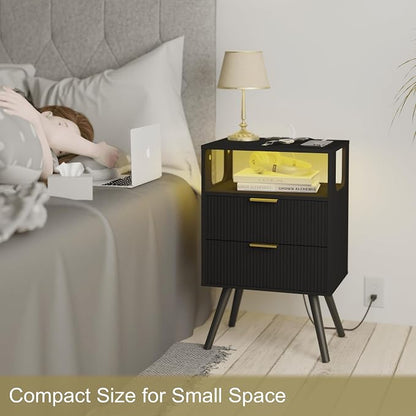 JOONEE Black Nightstand with Charging Station and LED Lights, Modern Bedside - Image 4