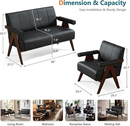 STHOUYN Black Leather Loveseat Sofa and Accent Chair, Mid-Century Modern Office - Image 9
