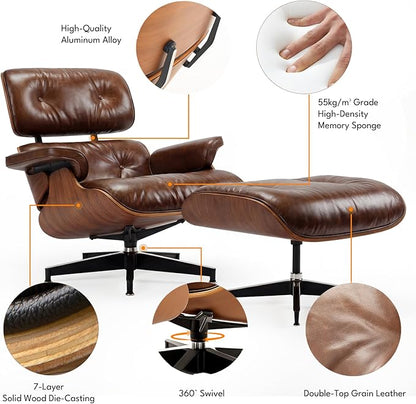 Top Grain Leather, Mid Century Chaise Lounge Chair and Ottoman, Reading Chair - Image 5