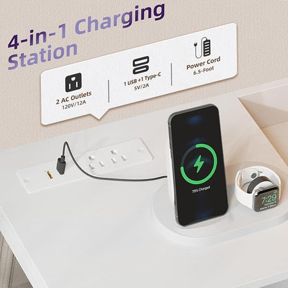 Somdot White Nightstand with Charging Station and LED Light, Wide 5 Drawers - Image 4