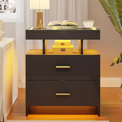 LED Nightstand with Wireless Charging Station, Glass Top Smart Bedside Table - Image 8