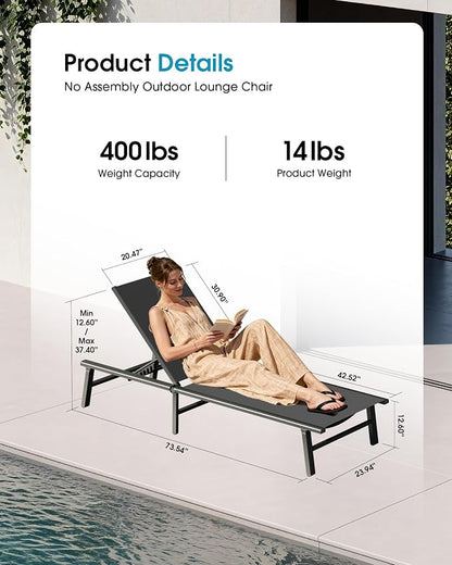 Ciokea Foldable Outdoor Lounge Chair Set of 2, No Assembly Aluminum Chaise - Image 2