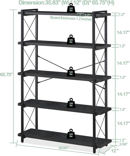 HCHQHS Bookshelf, 5-Tier Industrial Bookcase, Freestanding Tall Bookshelves - Image 3