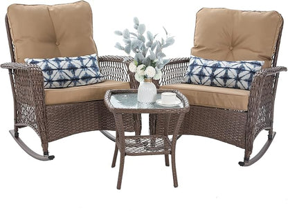 Patio Furniture Set 3 Pieces, Wicker Rocking Bistro Set by VonzoyHome