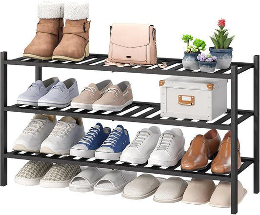 viewcare 3-Tier Long Black Shoe Rack, Bamboo Wood Shoe Rack by VIEWCARE