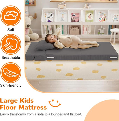 MeMoreCool Kids Folding Sofa Chair – Corduroy Floor Futon, Tri-Fold Mattress - Image 4