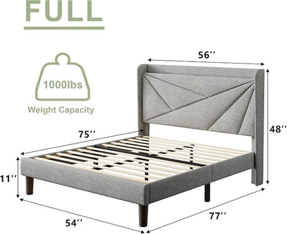 Feonase Full Bed Frame with Charging Station, Linen Upholstered Platform - Image 2