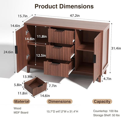 47.2" W Storage Cabinet with 3 Drawers, Fluted Buffet Cabinet with Storage - Image 2