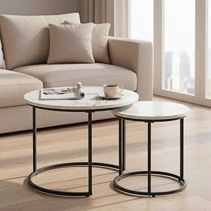 Round Nesting Coffee Table Set of 2, Modern Marble Pattern Wooden Nesting Tables by Cuizehua