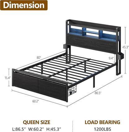 Furnulem Queen Bed Frame with Wood Headboard and Storage Shelf, Metal Platform - Image 2