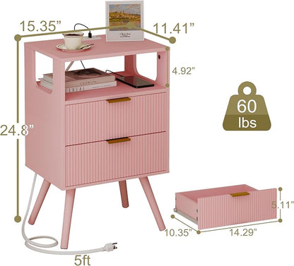 JOONEE Pink Nightstand with Charging Station and LED Lights, Modern Bedside - Image 2